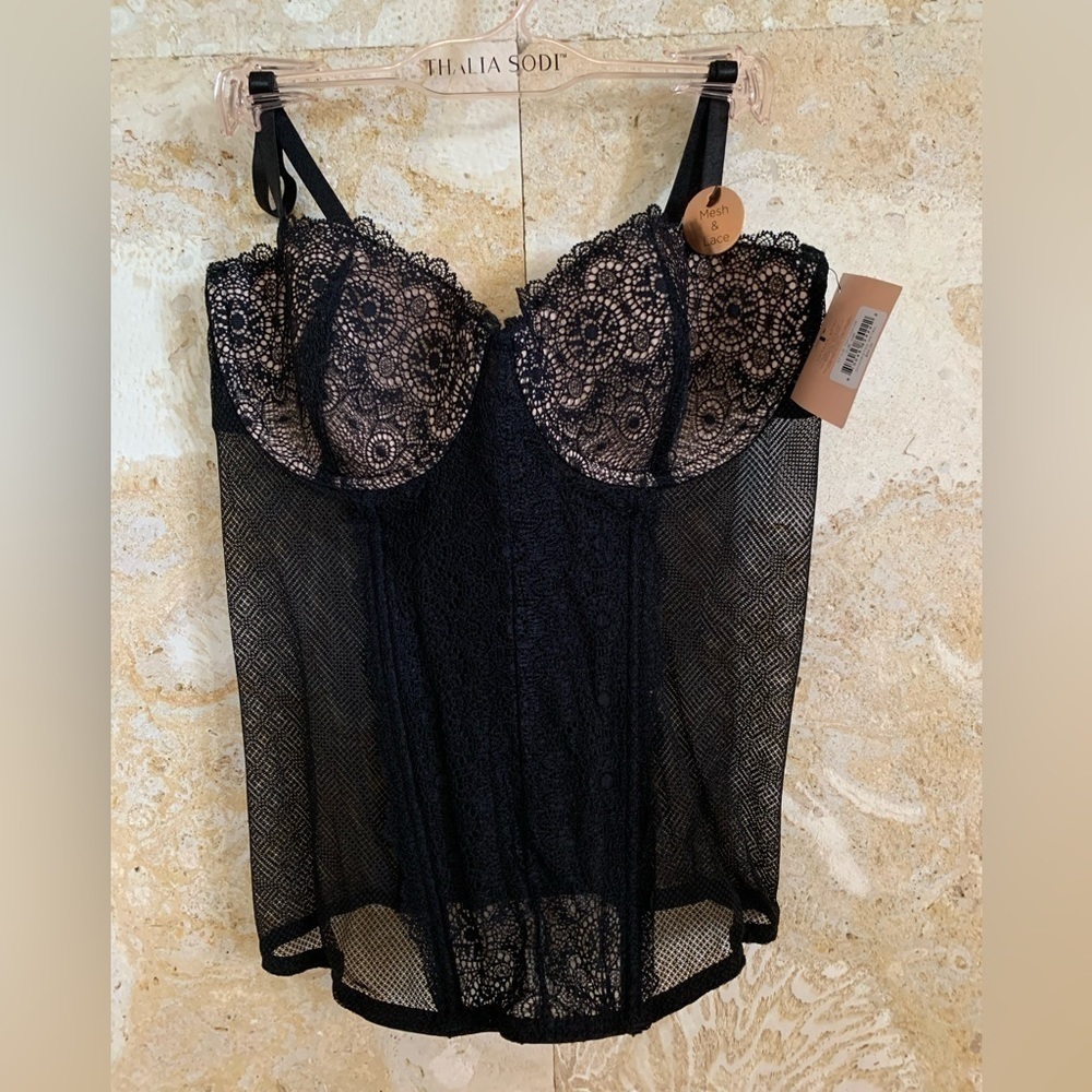 Thalia Sodi Lingerie Bustier Corset Mesh Lace Lined Cups Black Underwire